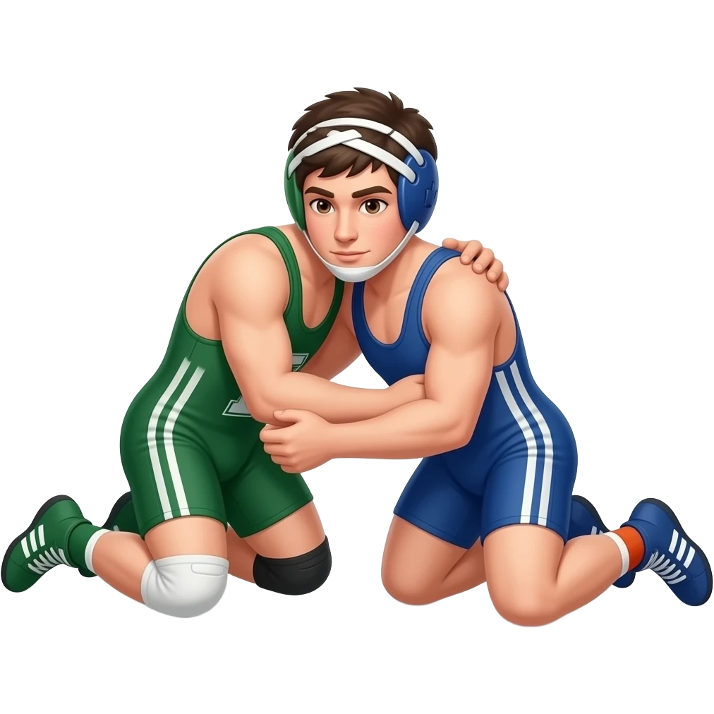 Erstelle ein Bild von zwei Uni-Wrestler in kurzen, knappen und engen Wrestler-suits, die beiden haben unterschiedlich Farben an (Grün und blau) und sie ringen liegend miteinander auf dem Boden emoji