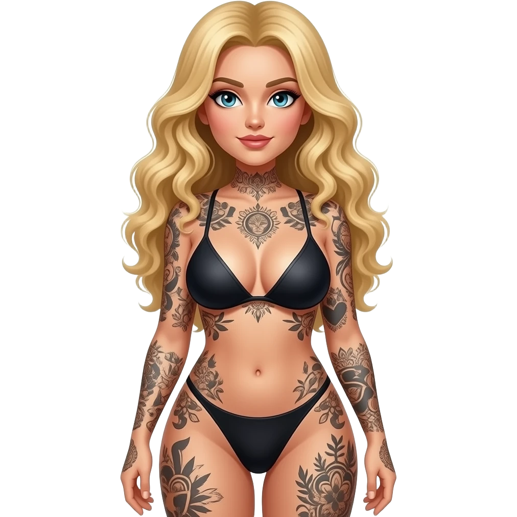 Longer blonde wavy hair with tattoos all over arms and legs and a pair of double D sized breasts emoji