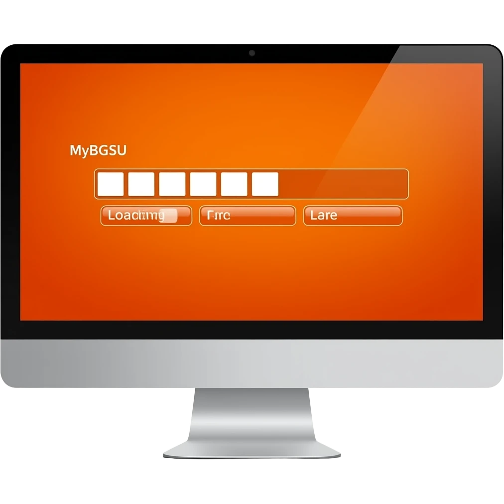 Computer with MyBGSU loading screen background orange emoji