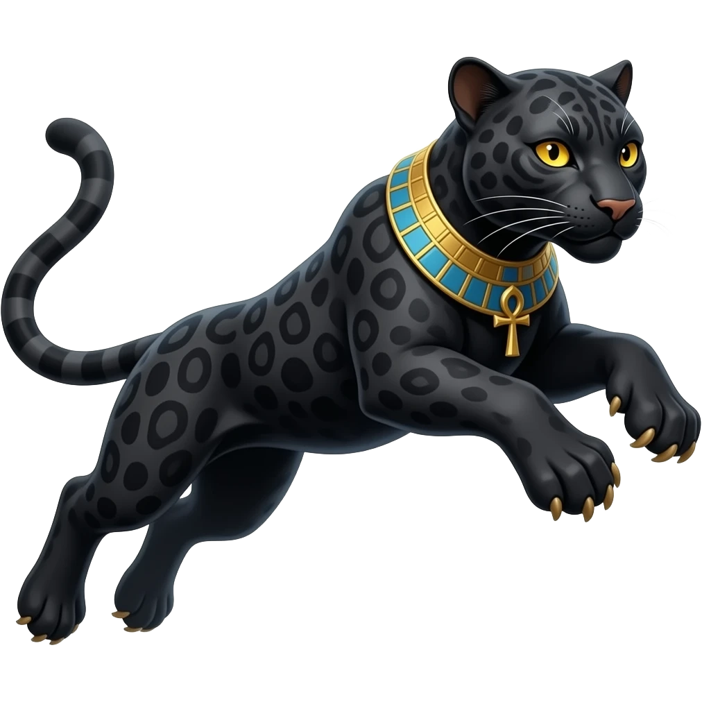 an egyptian black panther leaping with dark grey markings in its black fur and golden yellow eyes. an ankh necklace around its neck emoji