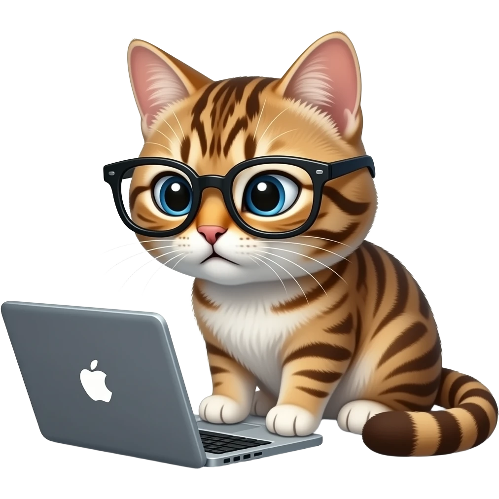 cat looking at the laptop with the glasses having extremely tired eyes emoji