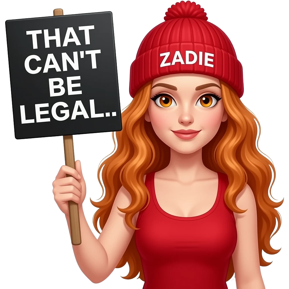 sexy girl with overlong wavy ginger hair and ginger eyes wearing a red tanktop and a red beanie with ZADIE written on it, is holding a black sign with THAT CAN'T BE LEGAL... written on it emoji