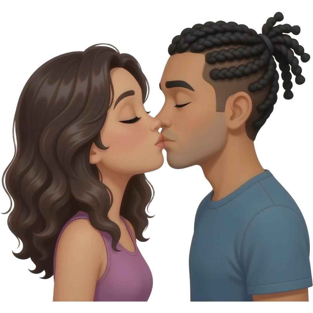 Black hair Hispanic girl with wavy hair and medium toned guy with black cornrows hair kissing emoji