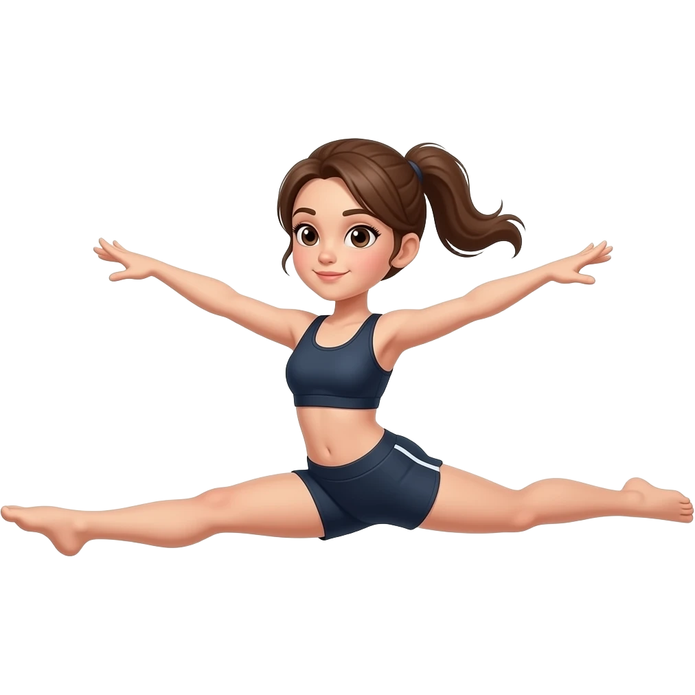 Girl dancer with brown hair brown eyes in workout clothes in a ponytail doing a split jump with no shoes emoji