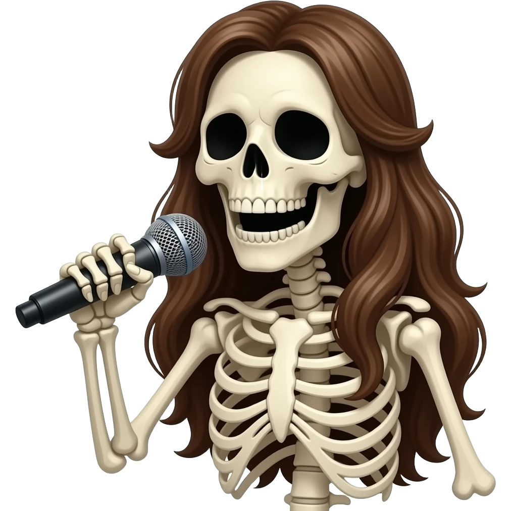 A full body long haired skeleton singing into a mic emoji