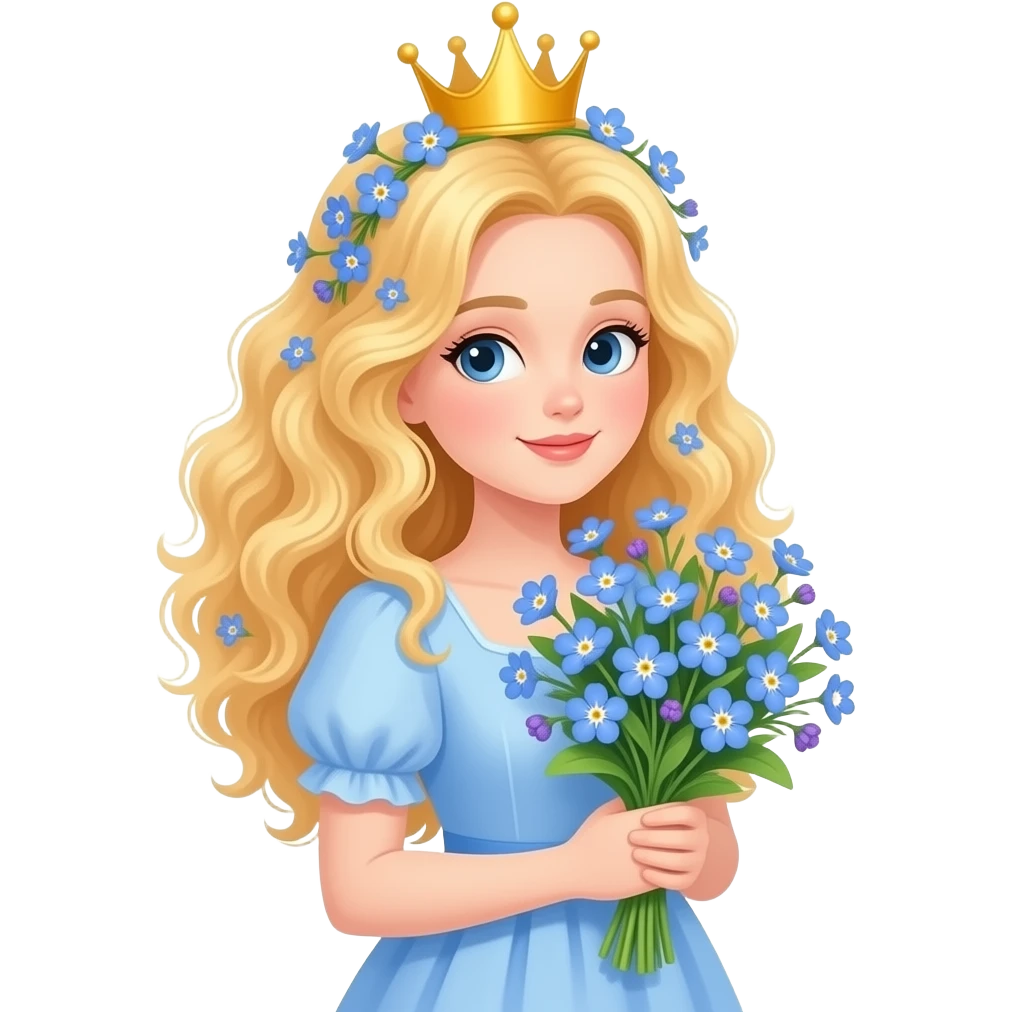 “Cute kawaii emoji of a blonde curly-haired girl wearing a crown of forget-me-not flowers (myosotis), holding a bouquet of forget-me-nots, pastel blue and lavender tones, soft chibi sticker style, white or transparent background, with the text ‘forget me not’ written aesthetically on the side.” emoji