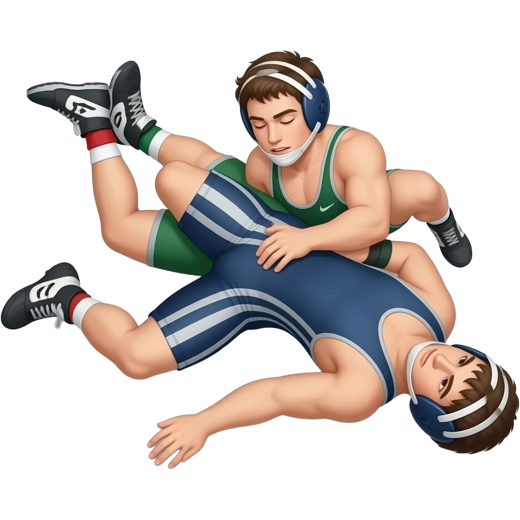 Erstelle ein Bild von zwei Uni-Wrestler in kurzen, knappen und engen Wrestler-suits, die beiden haben unterschiedlich Farben an (Grün und blau) und sie ringen liegend miteinander auf dem Boden emoji