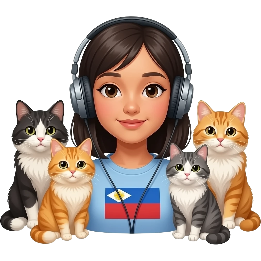 phillipina girl listening to music while surrounded by four cats with long fur of various colours emoji