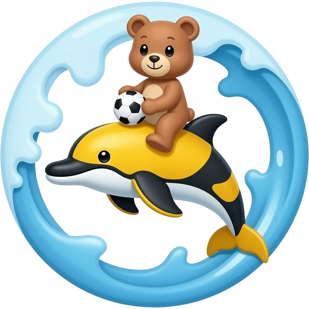 teddybear riding a yellow black dolphin with soccerball in circle  with wave emoji