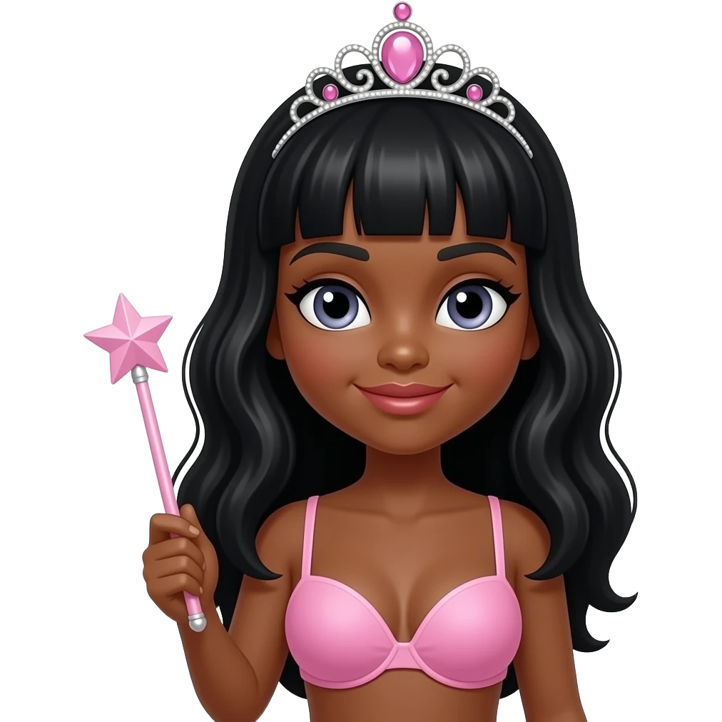 Dark skin girl, middle part black hair, giant boobs, baby pink bra with no straps, pink tiara holding a wand, doll eyes, doll face shaped emoji