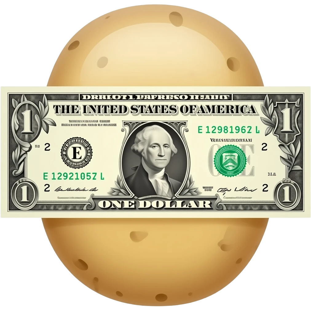 A light brown $1 with a half potato as president picture. emoji
