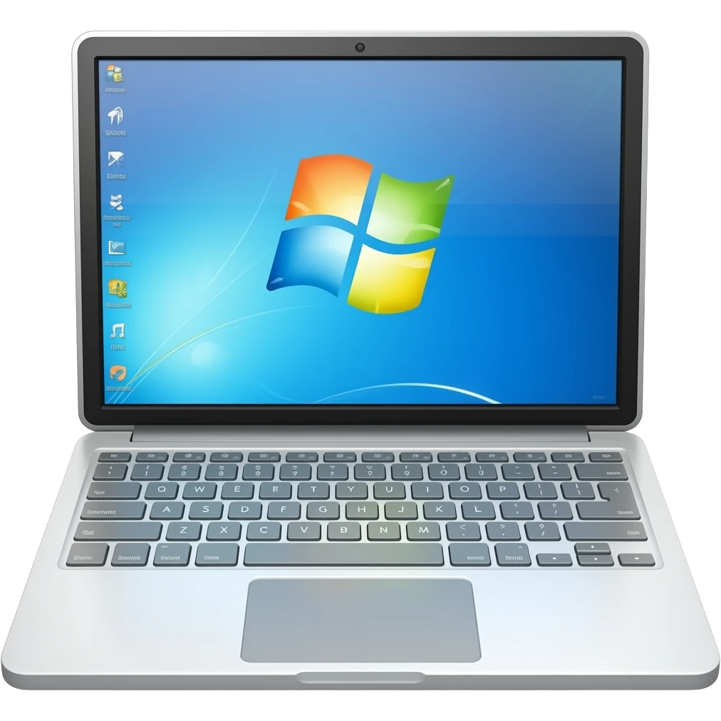 white laptop with gray keys and windows screen emoji