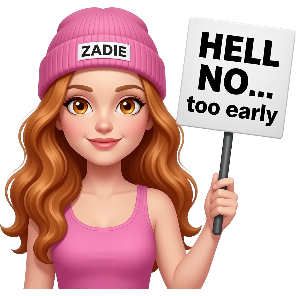 sexy girl with overlong wavy ginger hair and ginger eyes wearing a pink tanktop and a pink beanie with ZADIE written on it, is holding a black sign with HELL NO... too early written on it emoji