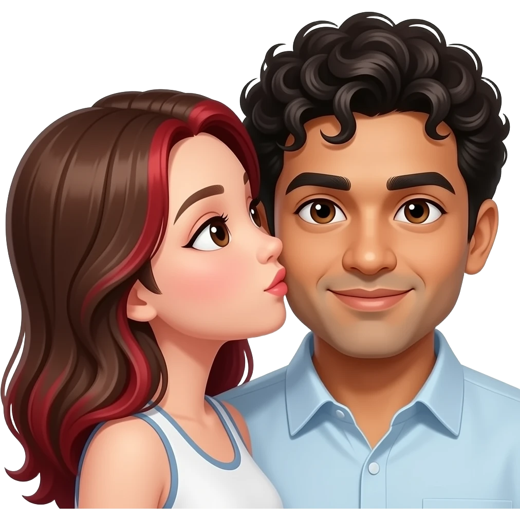 Kissing emoji involving East Asian woman with red highlights in her brown hair and clean shaven Indian man with curly hair. Both have brown eyes emoji