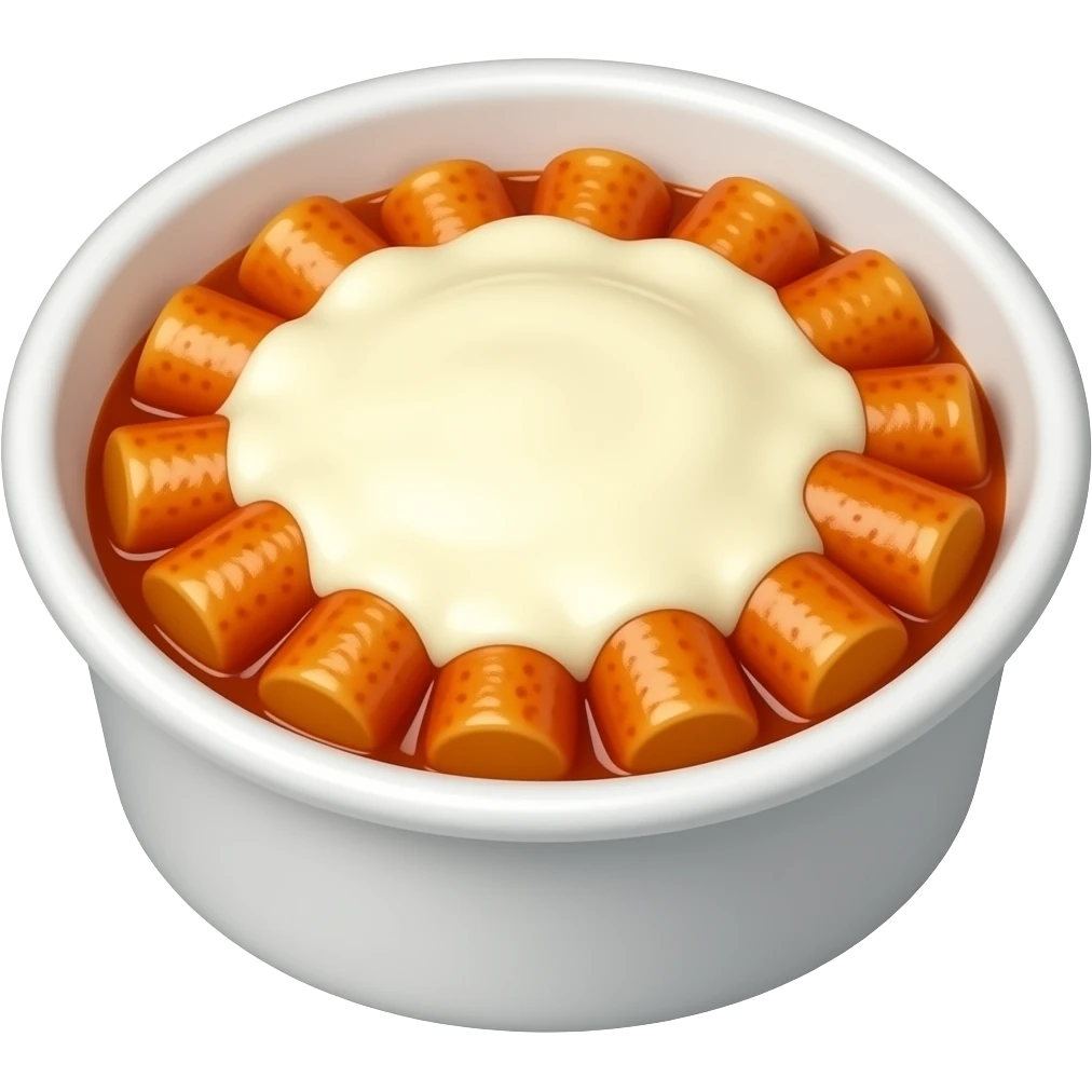 korean tteokbokki with melted mozzarella cheese in white round disposable container emoji