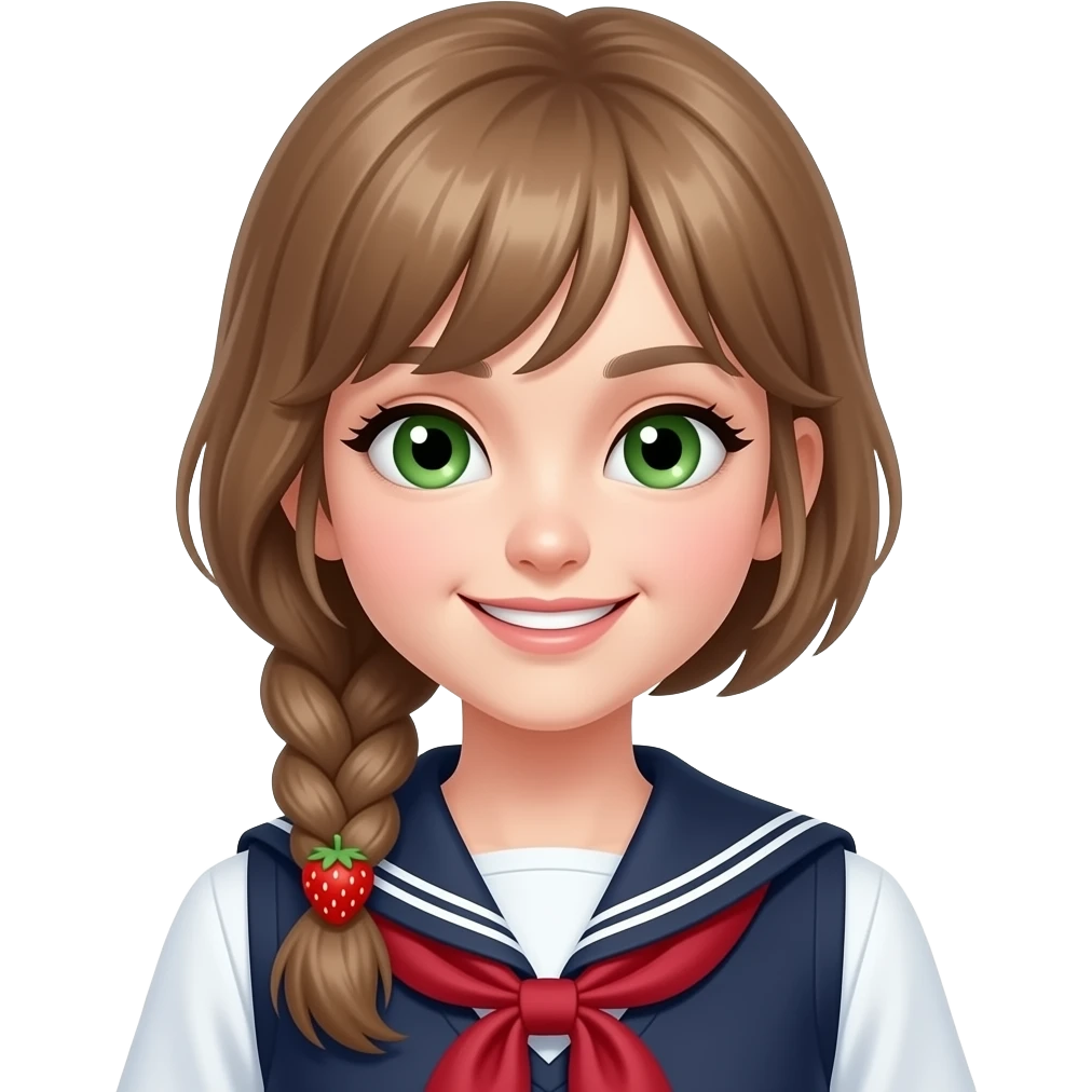 Half body emoji of a girl with one light-brown braid tied with a strawberry-shaped hair tie, green eyes, wearing a school uniform, evil smile emoji
