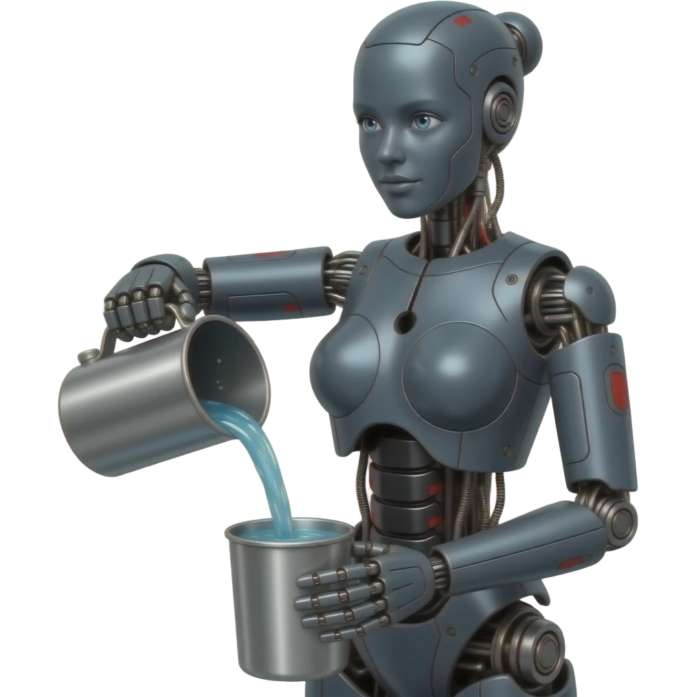 full body, full length body,  Entire body, Mechanical female robot made of dark gray metal with black and red markings Pouring water from a steel container, full length body, no human features, robot face, robot head, full body from head to toe emoji