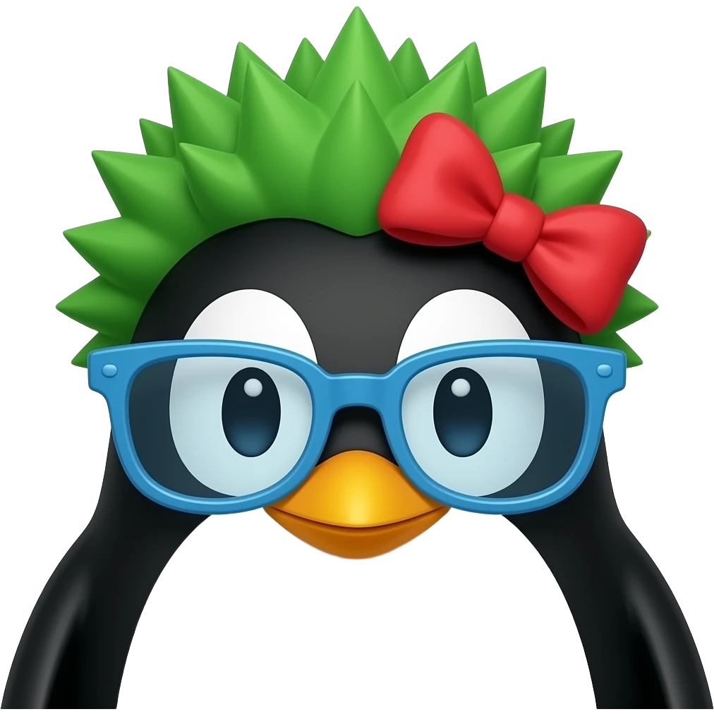 green spiky haired black penguin with red hairbow and blue glassess, just face emoji