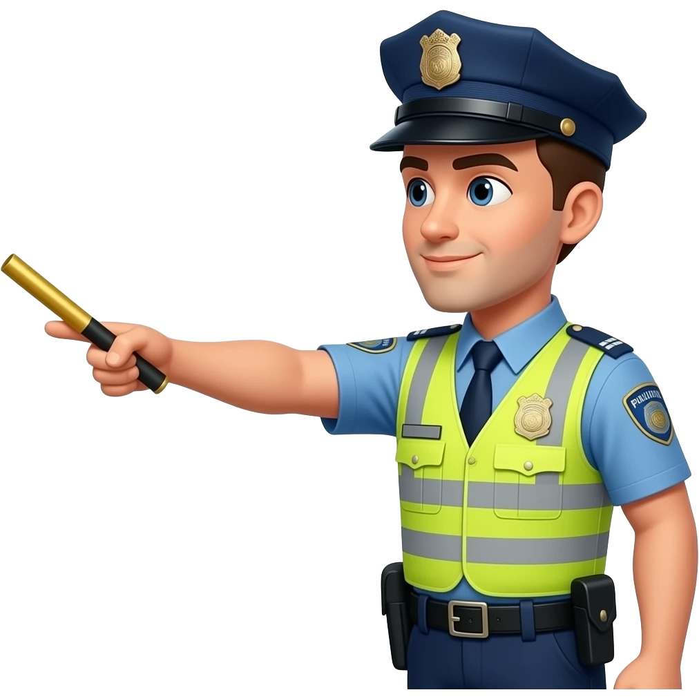 Flat design traffic cop character in side profile, arm pointing  forward with baton showing direction signal, yellow reflective vest,  blue uniform, police hat, clean simple cartoon style, educational  illustration, white background emoji