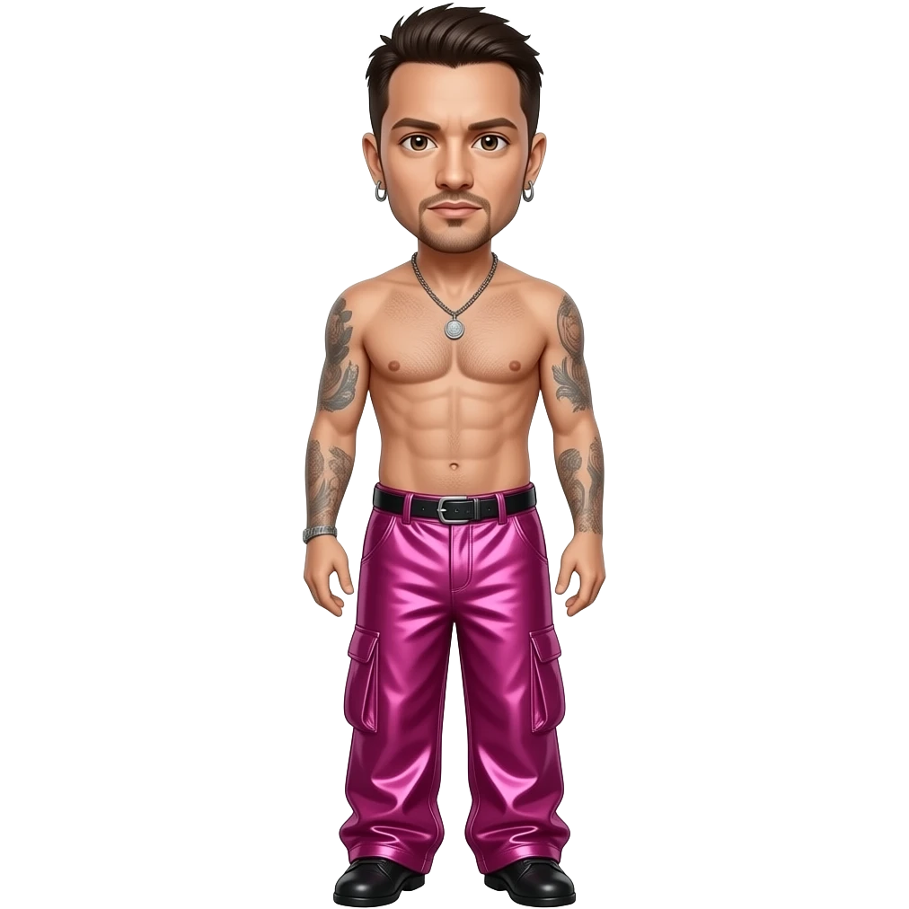 Chester Bennington with dark brown eyes, dark brown hair, hot pink metallic baggy loose pants, shirtless with necklace and earrings emoji