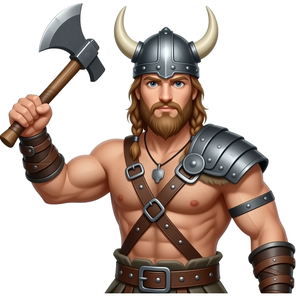 Nahaufnahme von einem Vikinger mit nackten muskulösem körper und einer behaarten und kräftigen männlichen Brust, mit Leder Riemen und Schulterpanzer aber ohne Gürtel. Er schwinkt eine Axt mit seiner rechten Hand und trägt ein Helm mit Hörnern und Bart emoji