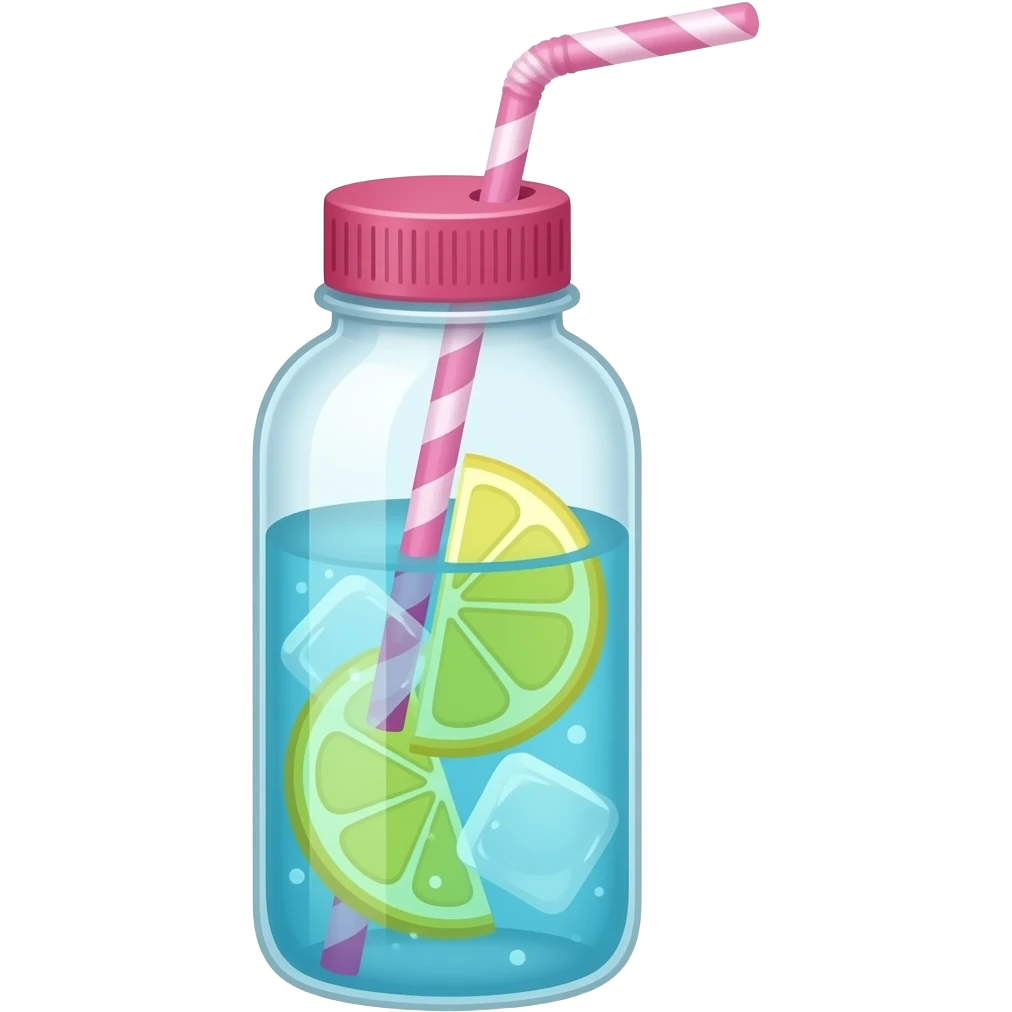 Pink water bottle with ice cold blue water with lemon slices and a pink straw. Realistic emoji