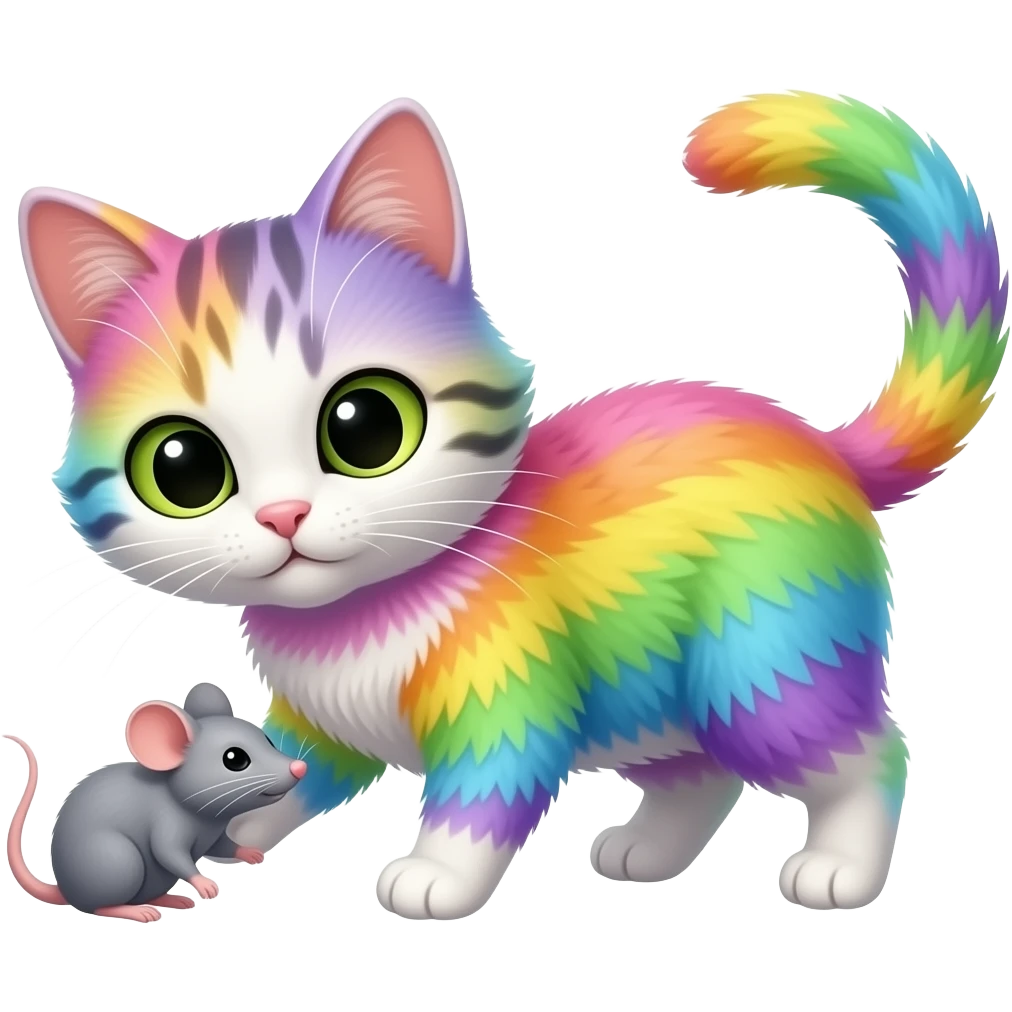a rainbowcat playing with a rat emoji