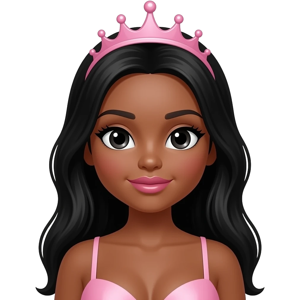 big lips, pink tiara, doll eyes, Doll, big chest, dark brown skin, with middle part long black hair, black cute eyes, with cute lip, without no bra emoji