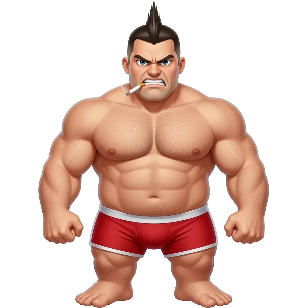 absolute beast with red pantie. I need his face to be angry and more agressive. show his face. make his penis have more volume like foot long big size. have a mohawk hair. he should have cigarette emoji