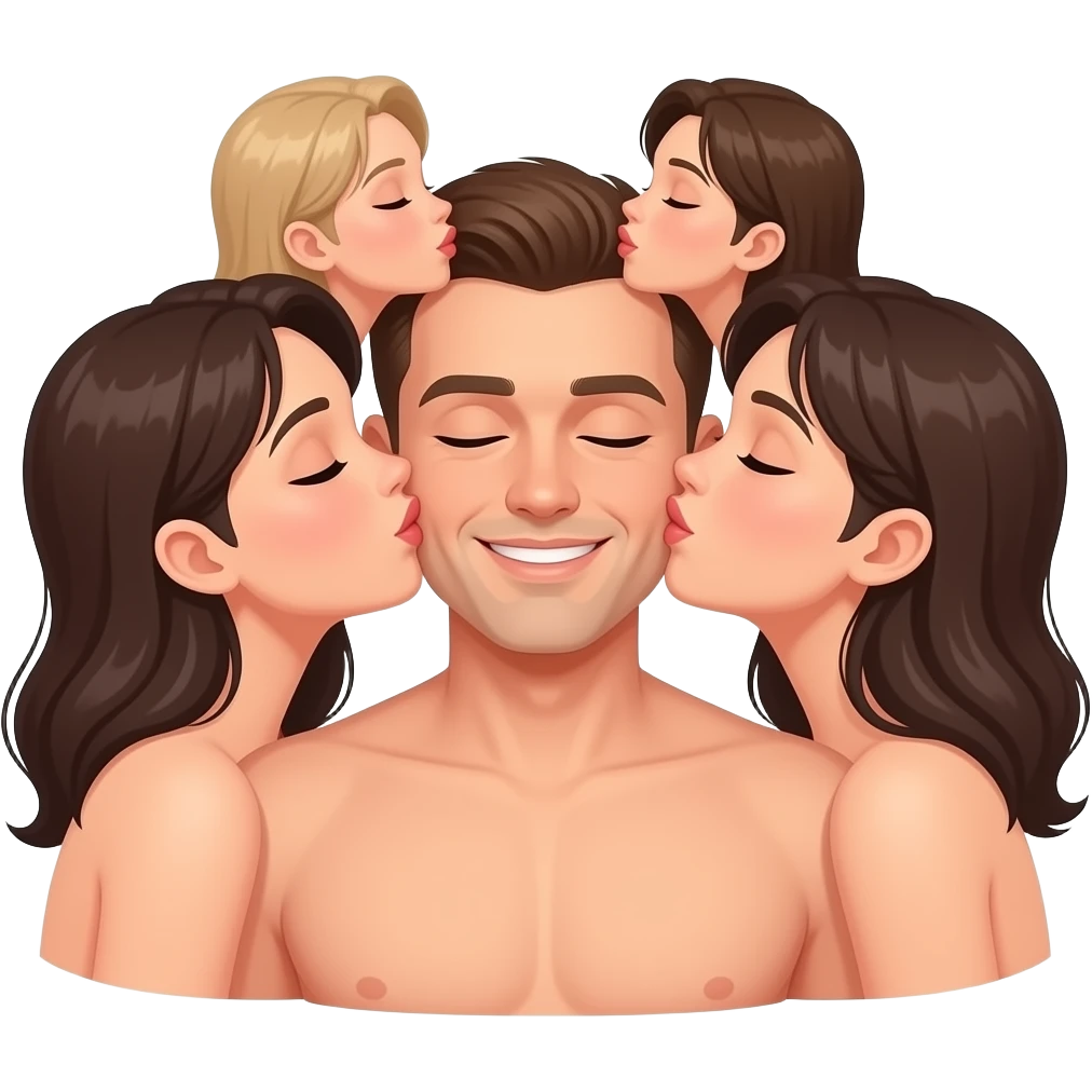 Three women kissing a naked man, each naked. emoji