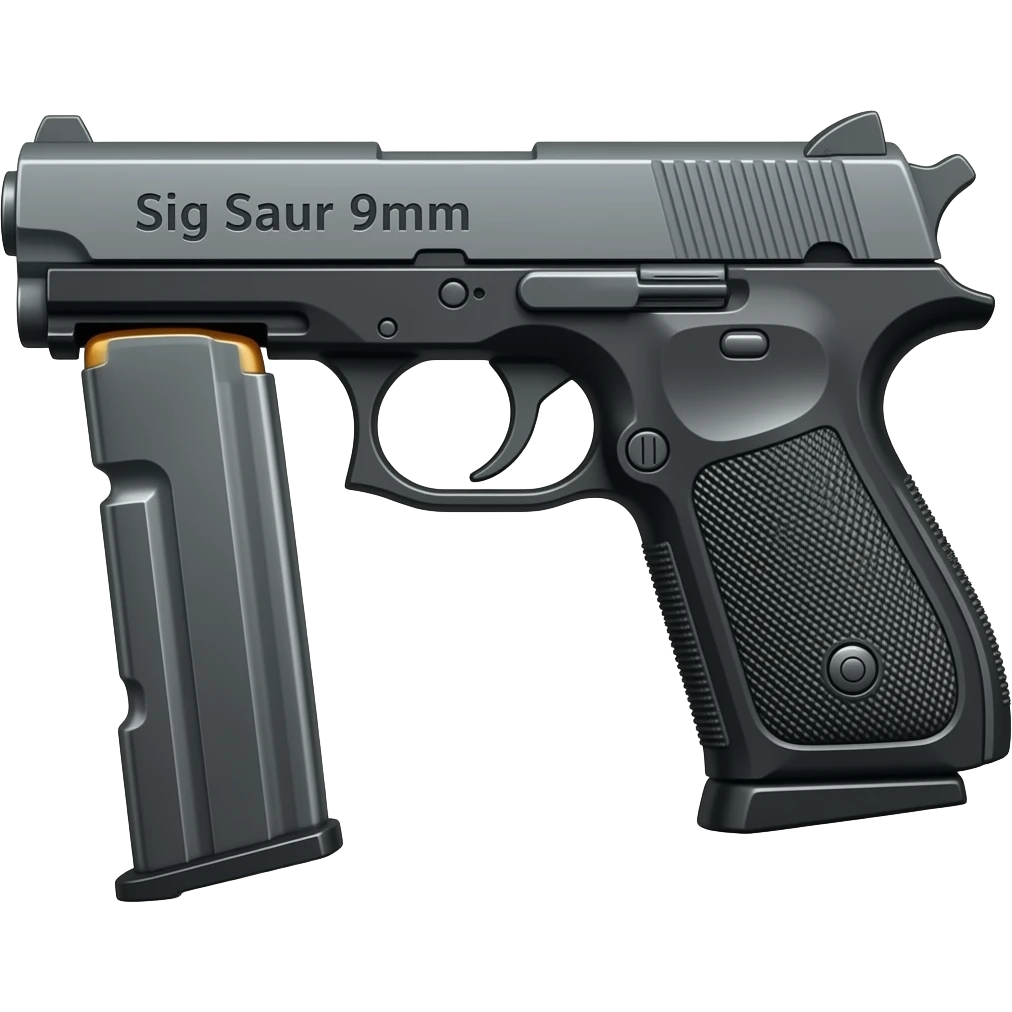Make the sig saur 9mm pistol and add the name "Sig Saur 9mm" on the barrel . Make the name darker.  Make a 50-round barrel clip hanging from the gun emoji
