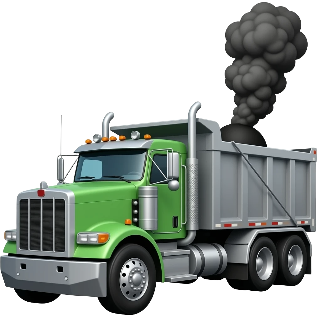 A peterbelt dump truck emoji green truck and grey dump trailer with black smoke emoji
