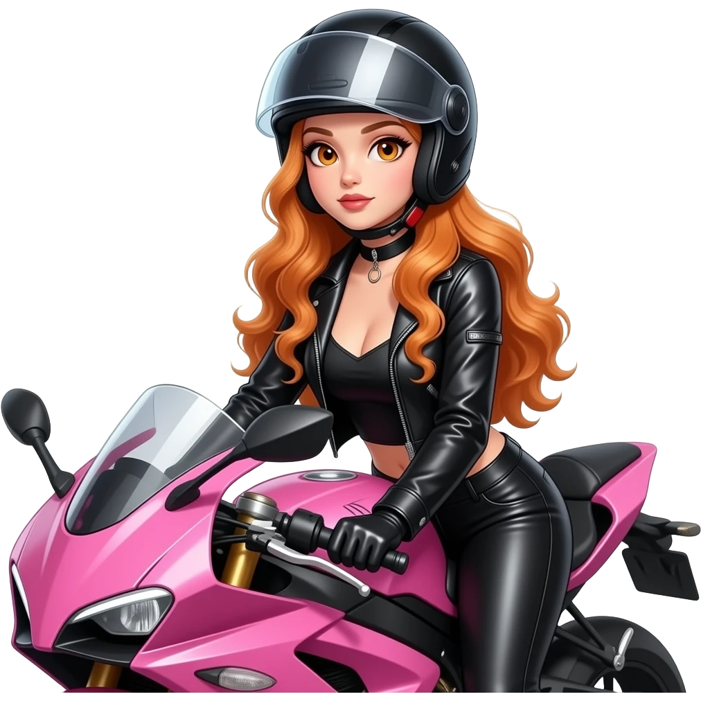 sexy girl with overlong wavy ginger hair and ginger eyes is wearing black pink leather clothes and a motorcycle helmet with vision sits on a pink motorcylce emoji