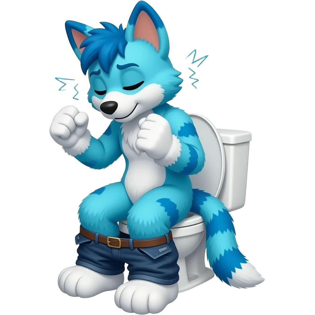 blue fursuit sitting on toilet, side view, pants down, straining, both fists, eyes closed, pushing, squeezing emoji