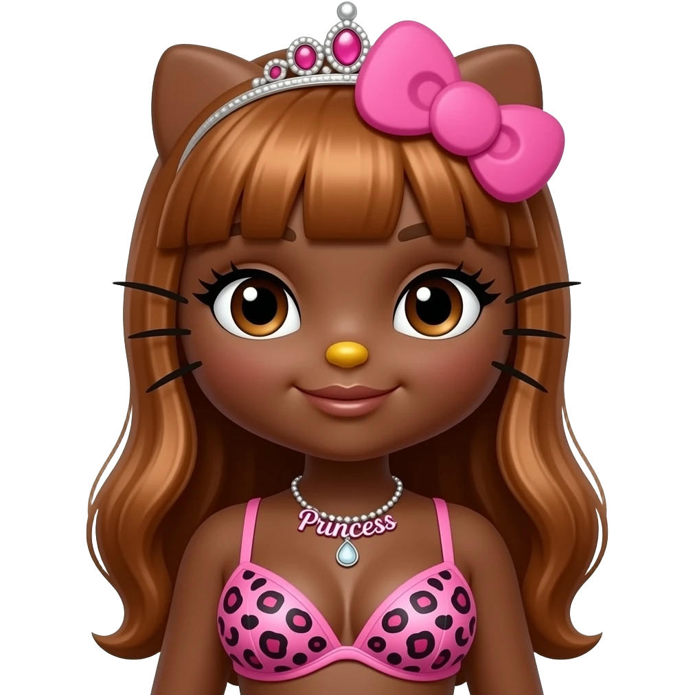 Big breast, Dark brown skin hello kitty girl, Doll shaped face, doll eyes, pink tiara, copper hair, “Princess”  necklace, with pink leopard print bra emoji