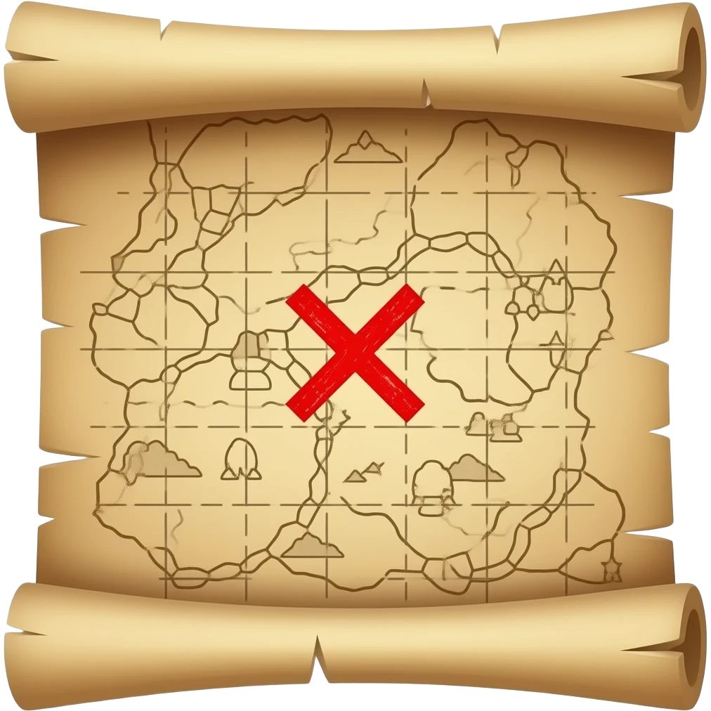 A treasure map, highly detailed,  a Malte red  X marks the location of the treasure, old parchment, slightly scrolled ends emoji