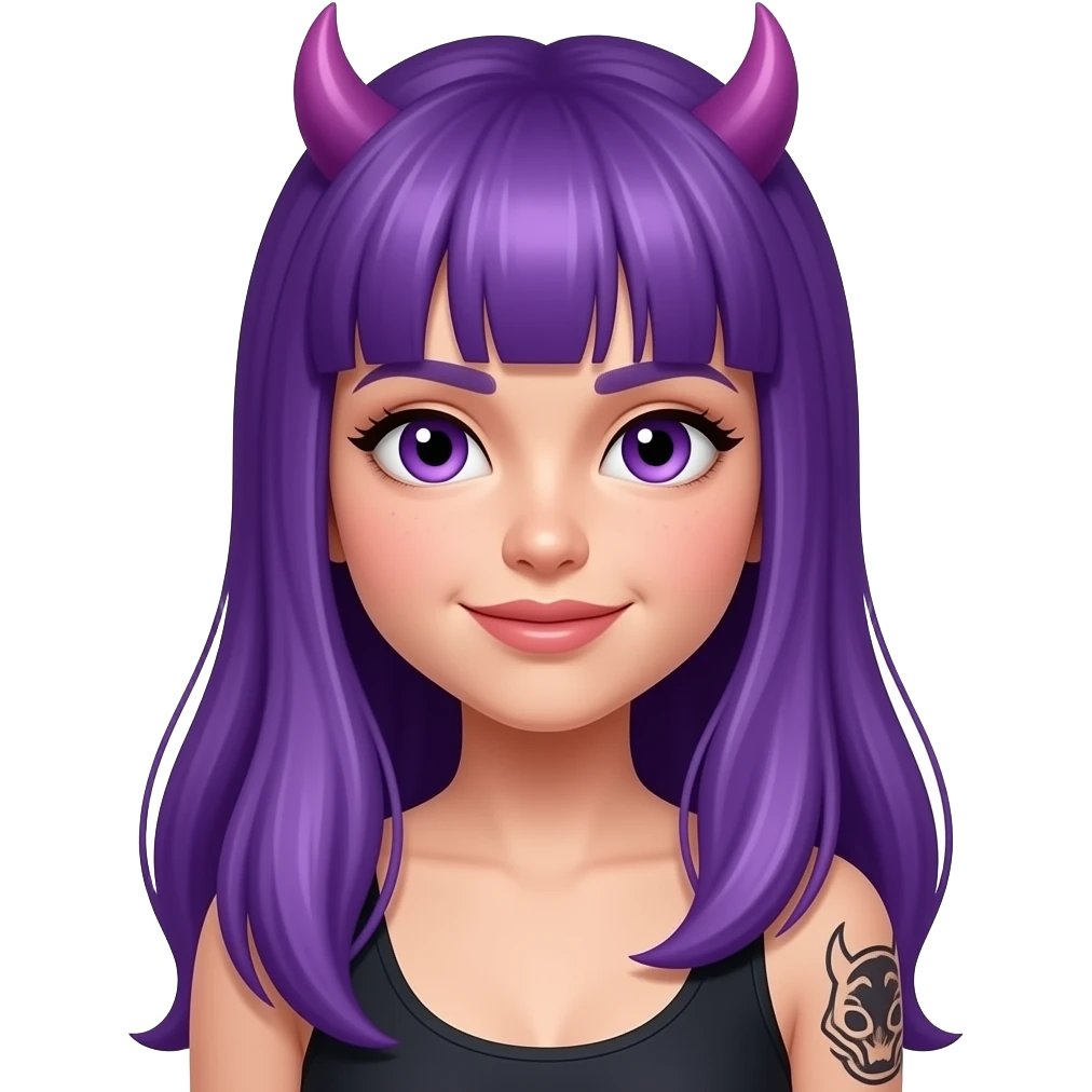 girl with long purple hair with a DEVIL sign emoji