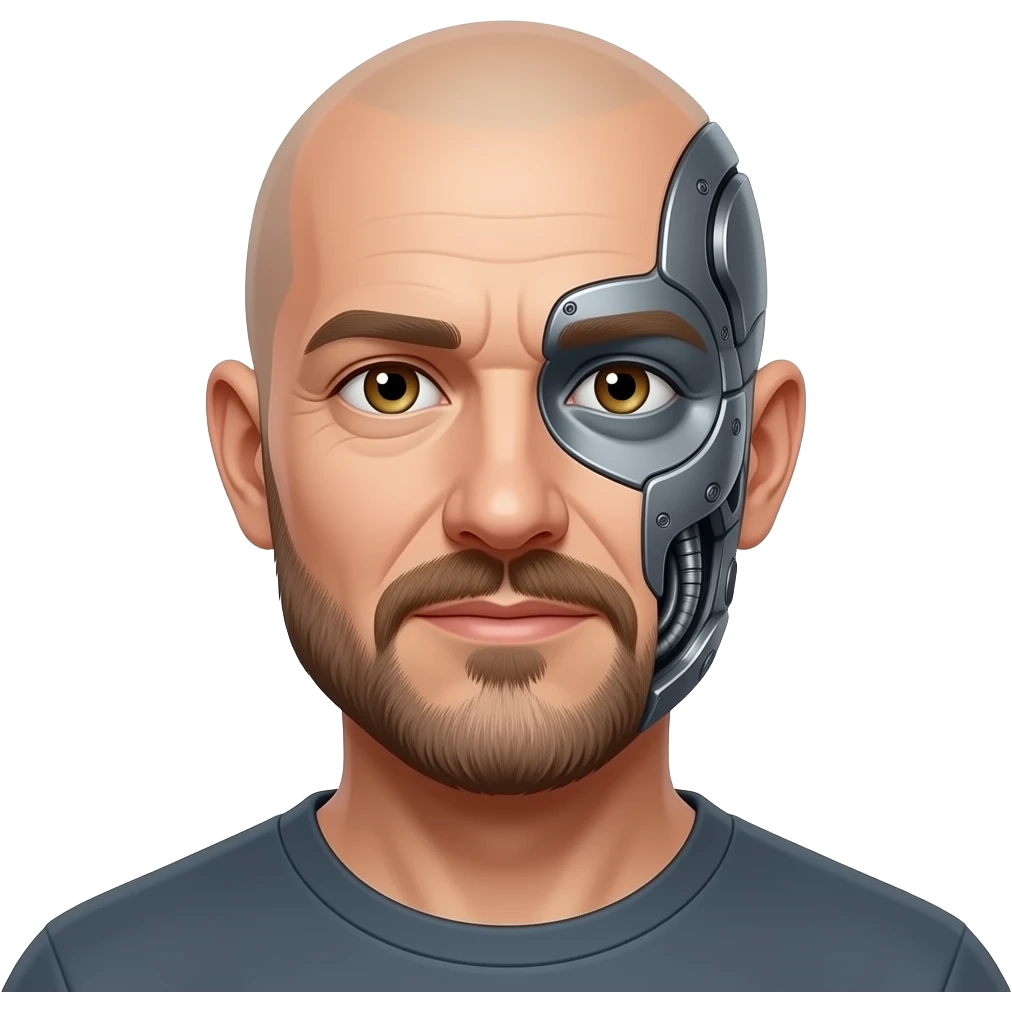 40 year-old bald man with a goatee, hazel eyes, and part cyborg emoji