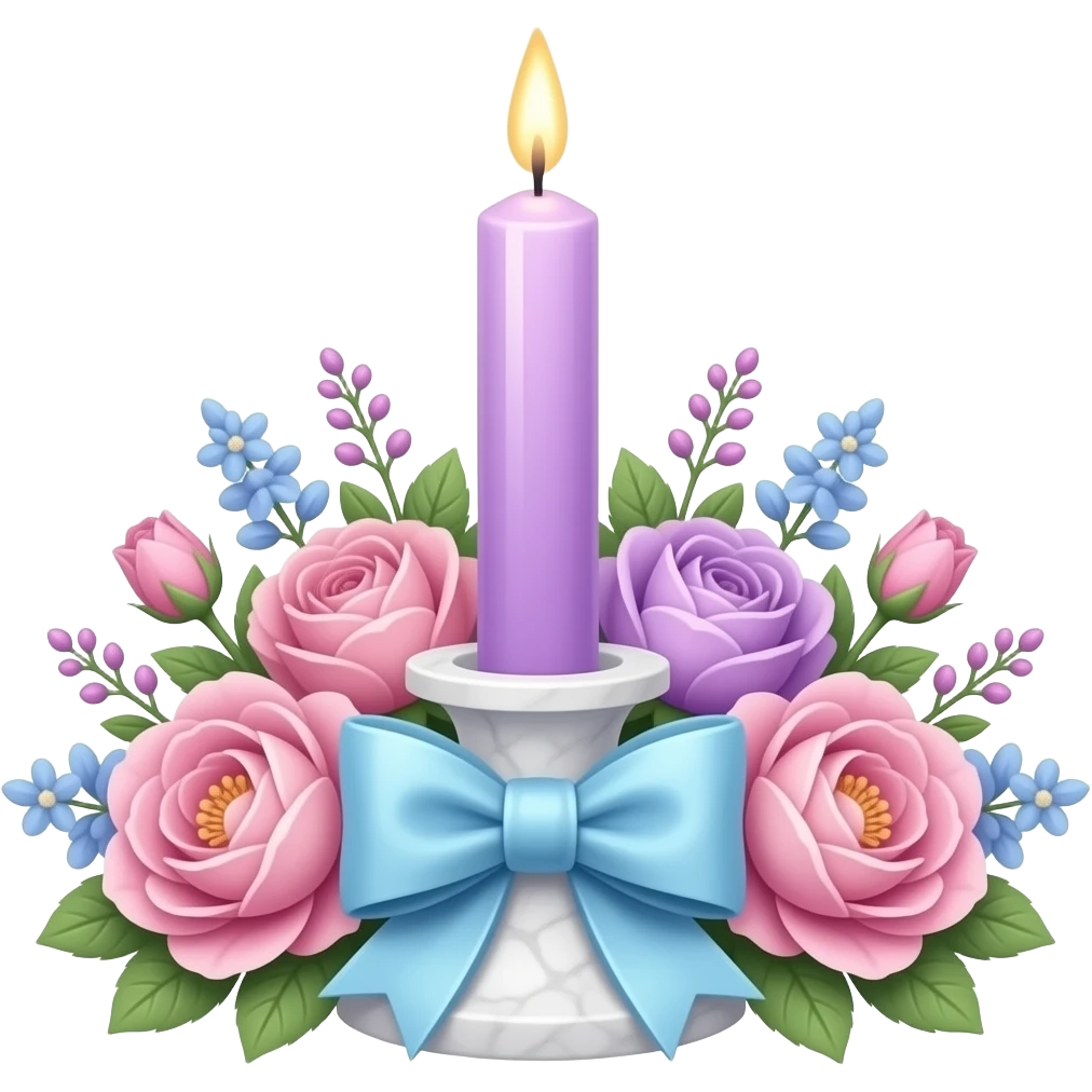 glossy soft smooth Thin tall neat petite cute slim dainty narrow Pastel violet vintage candle on a white marble-candle-holder-stand, flowers, bow tie, light-blue, pink, white, pastel purple emoji
