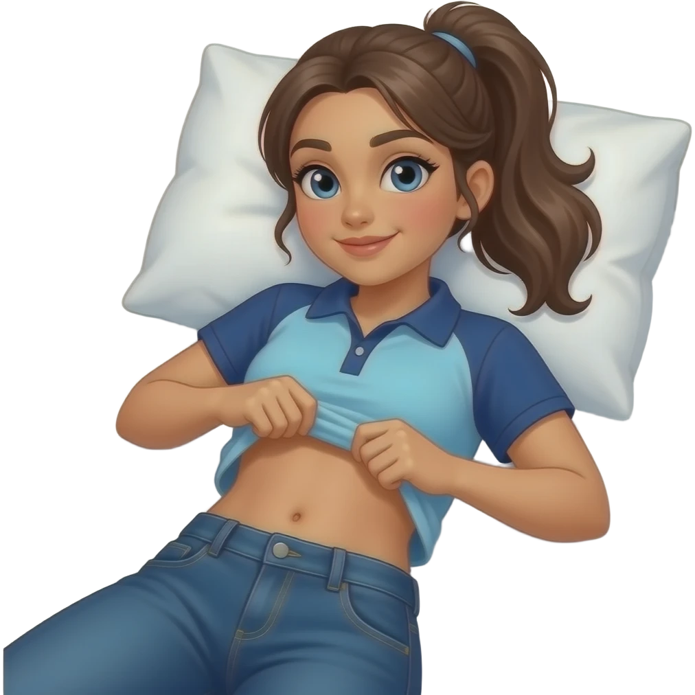 Hispanic girl with brown ponytail and blue eyes light blue and dark blue polo and dark blue baggy jeans and belly button laying down on her pillow on her bed showing her  lifting her shirt belly rolling emoji