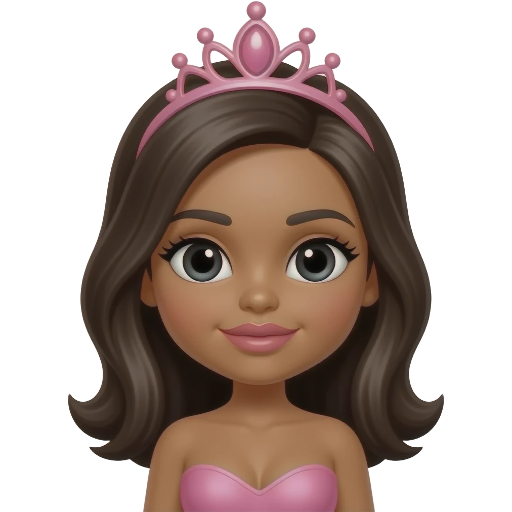 big lips, pink tiara, doll eyes, Doll, big chest, dark brown skin, with middle part dark brown hair, black cute eyes, with cute lip, without no bra emoji