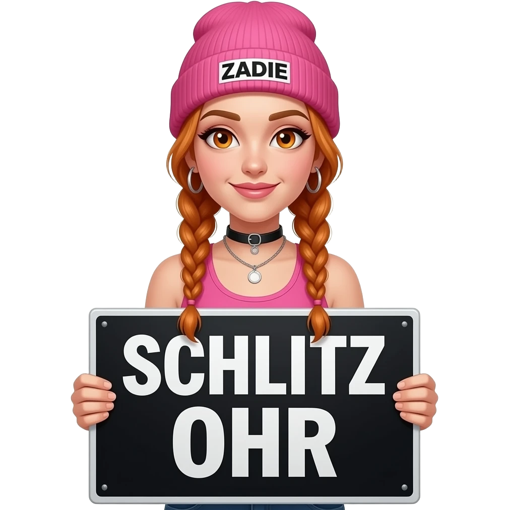 sexy girl with overlong ginger braids and ginger eyes wearing a pink tanktop and a pink beanie with ZADIE written on it, is holding a black sign with SCHLITZ OHR on it emoji
