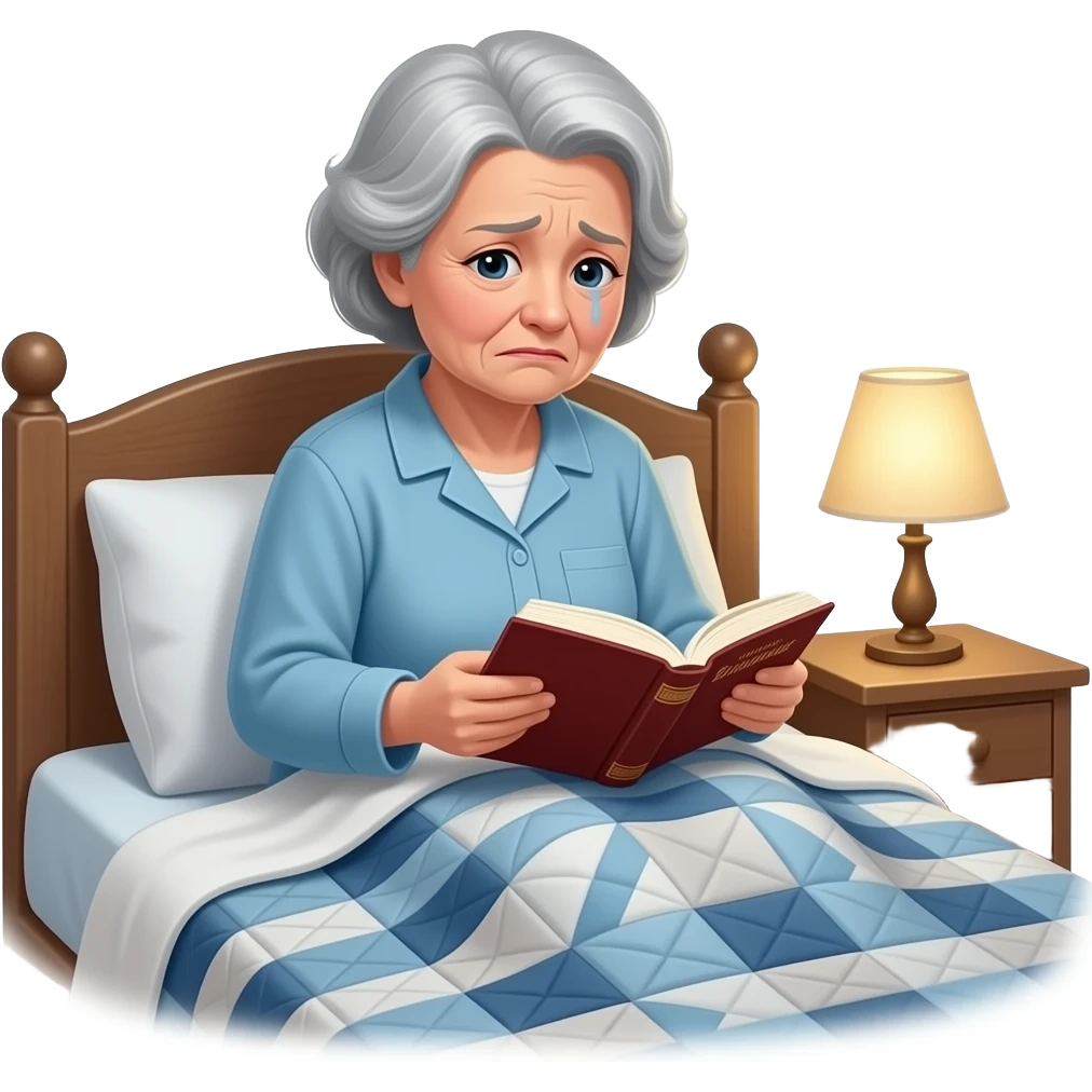 A plump, sad fat old lady is flipping through a prayer book in the bed emoji