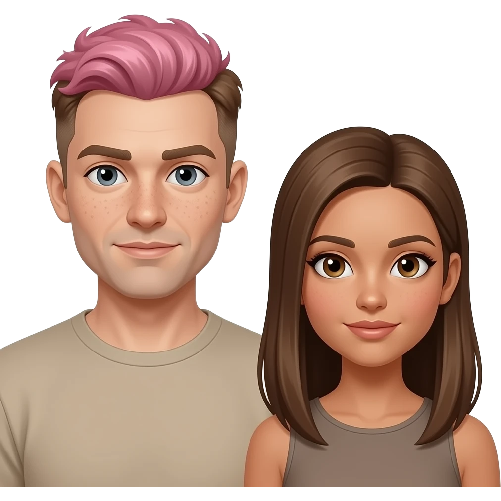 three people: short nonbinary person with short pink hair, brown eyebrows, and a brown undercut with very pale skin, gray eyes and freckles, a tall beige-skinned man with dark brown eyes + very short curly hair, and a medium height woman with tan skin, light brown straight long hair, and brown eyes emoji