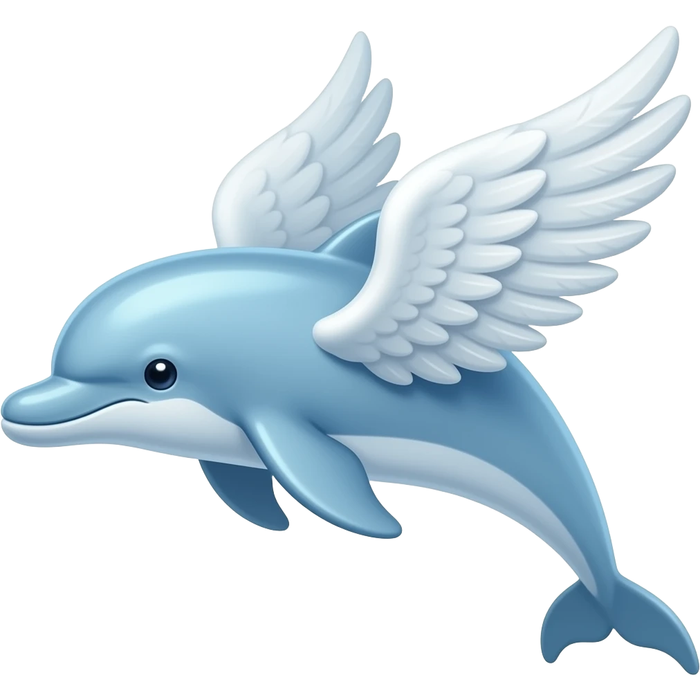 thin dolphin emoji with 2 big angel white wings, glass blue ,2d, simple emoji