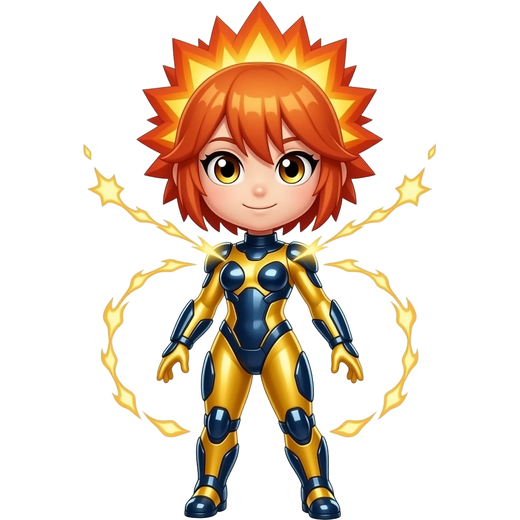 A chibi girl from a solar forge, full body, blinding plasma-gold skin ...