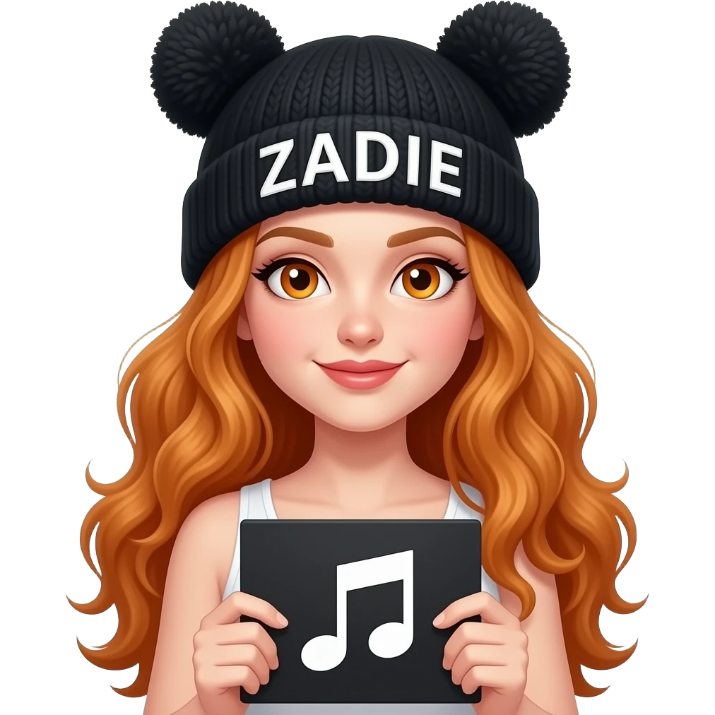 sexy girl with overlong wavy ginger hair and ginger eyes wearing a white tanktop and a black pom pom hat with cat ears with ZADIE written on it is holding a black sign with 🎵🎶🎵 🎶 on it emoji