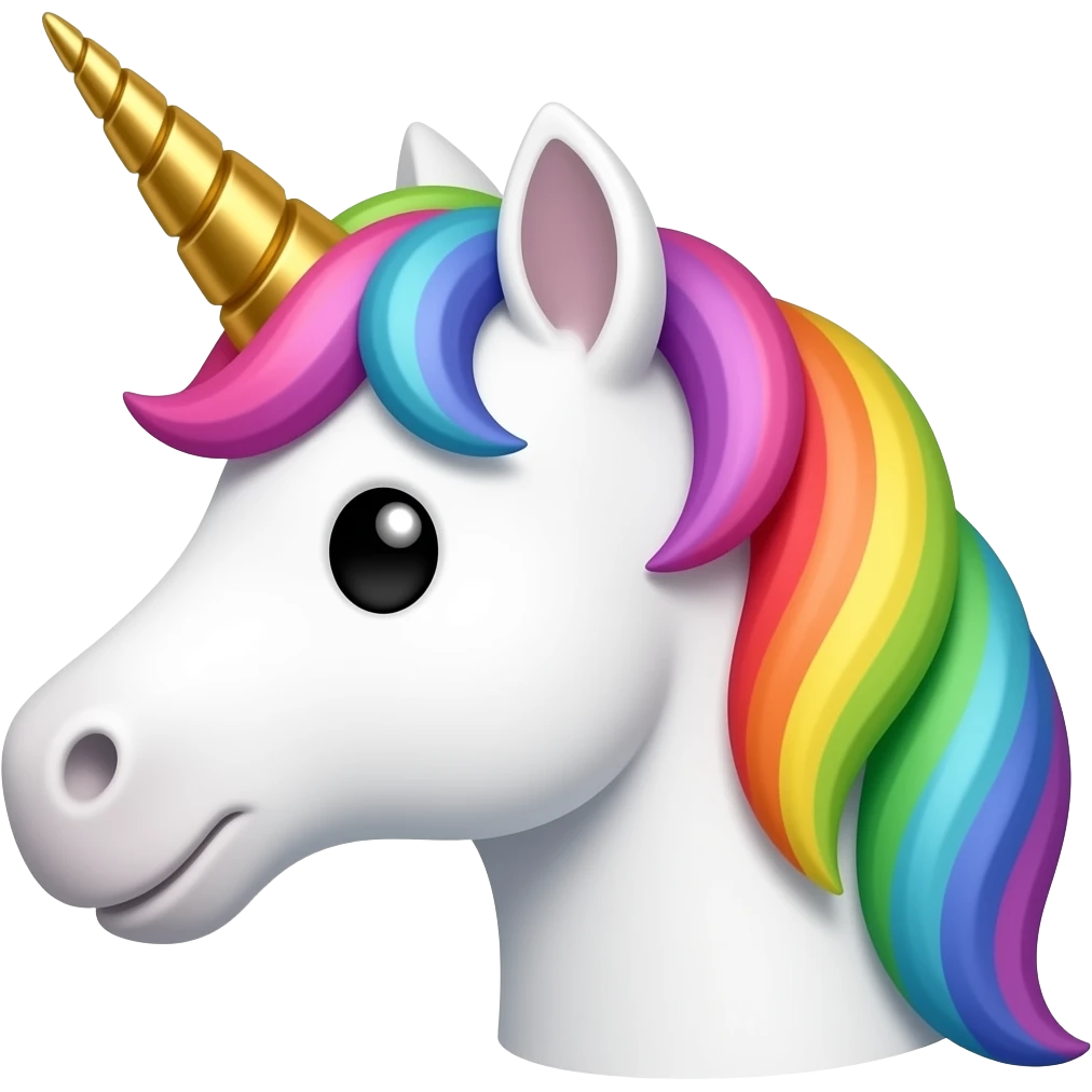 Whimsical funny face of a white unicorn, golden horn, rainbow mane, black eyes, in profile emoji