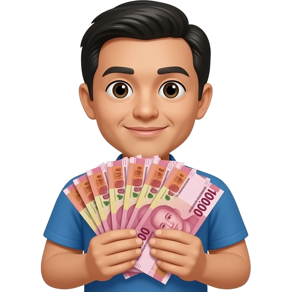 Orang pegang banyak duit rupiah pecahan 100 ribu dengan tulisan "ada duit gak tuuu...!!! " emoji