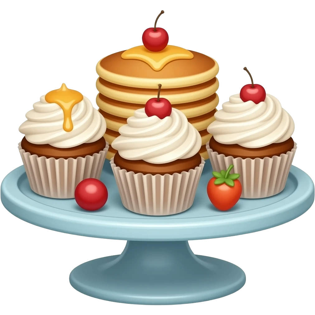 Cupcakes with pancakes as toppings on a cupcake stand emoji